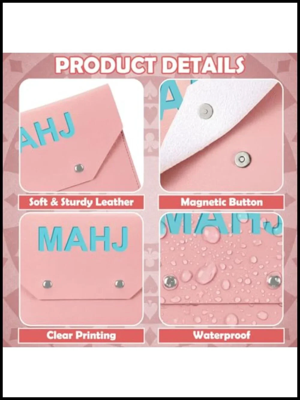 Leather Mahjong Card Holder Case with Magnetic Button, 8x6 Inch